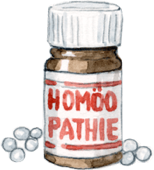 Illustration Homöopathie-Fläschchen und Globuli